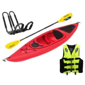 Pacchetto kayak, rosso, lunghezza 3,05 metri, pagaia, portapacchi per il trasporto e giubbotto salvagente giallo 2XL incluso