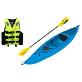 Pacchetto kayak per una persona, colore blu, lunghezza 3,05 metri, pagaia e giubbotto salvagente giallo 3XL inclusi