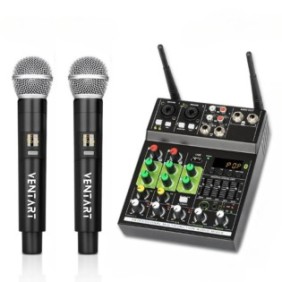 Mixer Audio Professionale, Multifunzione con 2 Microfoni Wireless VENTART, 4 Canali, Bluetooth, USB, Scheda Audio, Connessione Computer, Compatto, Nero