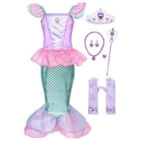Set abito da principessa sirena, AmzBarley®, con 6 accessori, rosa, AmzBarley, cotone/poliestere, 7 anni, 130 cm
