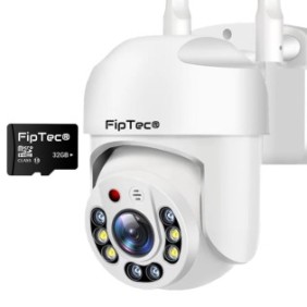 FipTec LO11-C Telecamera di sicurezza intelligente con scheda da 32 GB, WiFi, Full HD 2 MP, suono bidirezionale, allarmi di movimento e sonori, monitoraggio audio video e controllo Android, Apple o PC, bianco