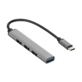 Hub USB-C con 4 porte USB 3.0, ideale per collegare periferiche a PC o laptop, disponibile nel colore Grigio