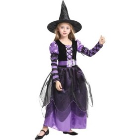 Costume da strega per bambina a maniche lunghe, 3 pezzi, viola e nero, 10-11 anni, 130-140 cm