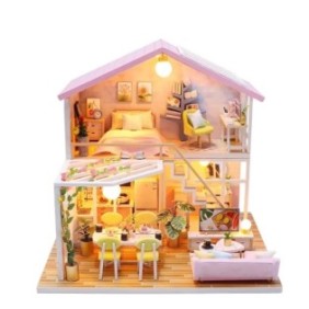 Mini casa delle bambole 3D, Loka®, Tipo fai da te, Assemblaggio manuale, Fai da te, in legno, Colore rosa polveroso chiaro, 2 piani