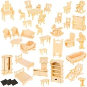 Set di mobili in legno per bambole, 34 pezzi