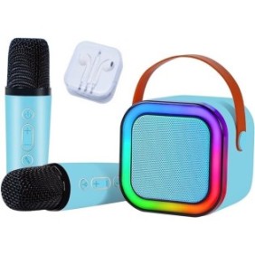 Set 2 Microfoni Karaoke con altoparlante portatile OnePepito®, per bambini, colori RGB, wireless, bluetooth, effetti vocali, mp3, 1 paio di cuffie incluse, Blu
