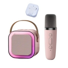 Microfono karaoke con altoparlante portatile OnePepito®, per bambini, colori LED, wireless, bluetooth, effetti vocali, mp3, 1 paio di cuffie incluse, Rosa