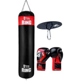 Set sacco e guanti da boxe, Ring, 140 x 40 cm, 12 OZ, Nero/Rosso