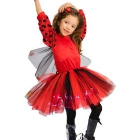Set costume 3 pezzi con luci da coccinella per bambina, ideale per Carnevale e Feste, Gonna, Blusa e Accessorio con figura 3D, Rosso-Nero, 10-12 anni