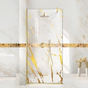 Parete doccia walk-in Aqua Roy ® Gold, modello Rock dorato, vetro temperato trasparente da 8 mm, anticalcare, 70x195 cm