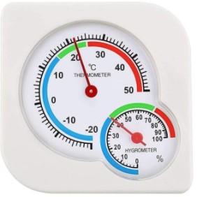 Termometro IdealSTORE con igrometro integrato, esterno/interno, campo di misura da 0 a 100% con divisione al 2%, misura da -20 a 50 gradi Celsius con la prima graduazione, posizionamento a parete o tavolo