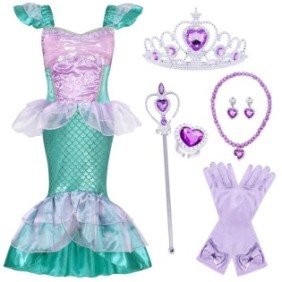 Abito di carnevale cosplay principessa sirena, AmzBarley®, Principessa Ariel, con 6 accessori, Organza/Cotone, Verde/Viola, 5-6 anni, 120 cm
