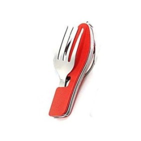 Posate, cucchiaio, forchetta e coltello pieghevoli 3 in 1, per campeggio e viaggio, Acciaio inossidabile, Rosso, Pristyle®
