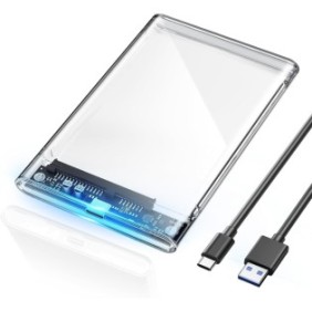 Custodia per disco rigido esterno HDD/SSD da 2,5 pollici, JENUOS®, USB 3.1, Velocità di trasmissione fino a 6 GB/s, Ibernazione intelligente, Indicatore LED, Trasparente