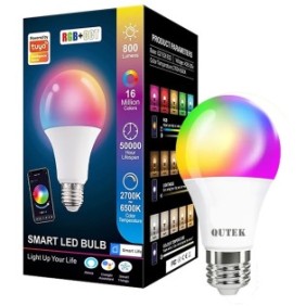 Lampadina LED RGB intelligente, Wi-Fi, E27, 10W, 810 lm, luce bianca e colorata, controllo vocale, compatibile con Google Assistant, Amazon Alexa, QUTEK