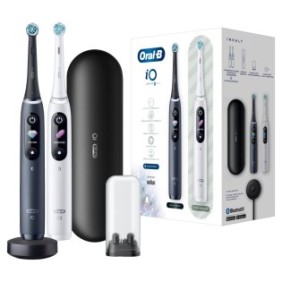 Set di 2 spazzolini da denti, Oral-B iO Series 8, 6 modalità, intelligenza artificiale, display LED, sensori di pressione, custodia da viaggio, caricatore magnetico, bianco/nero