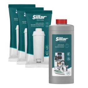 Kit manutenzione Espresso, Sillar, Compatibile con Delonghi, 3 filtri acqua, Soluzione anticalcare, 1000 ml