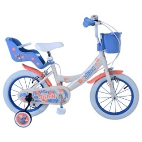 Bicicletta da bambino Disney Stitch, 14 pollici, colore panna/corallo, freni anteriori e posteriori