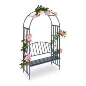 Arco da giardino in metallo per arrampicarsi sui fiori con panca per 2 persone, antracite, dimensioni 205 x 115 x 50 cm, Relaxdays
