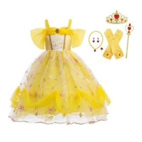 Costume di carnevale per bambina Belle con popcorn, guanti e accessori, giallo, 7-8 anni