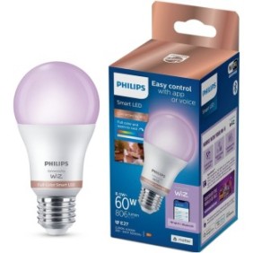 Lampadina LED Philips Smart A60 RGB, Wi-Fi, E27, 8,5W (60W), 806 lm, luce bianca e colorata (2200-6500K), controllo vocale, classe energetica F