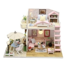 Mini casa delle bambole 3D con 2 piani e terrazza, tipo fai da te, assemblaggio manuale, fai da te, illuminazione a LED, accessori domestici multipli, MDF, colore rosa