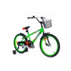 Bicicletta per bambini, 18", ruote ausiliarie, parafanghi, cestino porta giochi, verde
