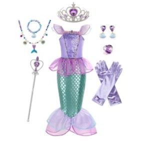 Costume di carnevale da principessa sirena Ariel, con molteplici accessori, 120 cm/5-6 anni, viola/verde