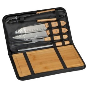 Set di 6 utensili per barbecue in acciaio inossidabile con custodia, include 2 coltelli, forchetta, pinze, affilatoio e tritatutto in bambù, 38,8 x 21,4 x 4,4 cm