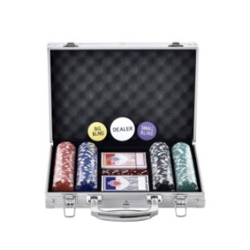 Set poker Vevor 200 fiches 11,5 g, 2 mazzi di carte, 5 dadi, scatola in alluminio