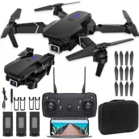 Drone giocattolo E90 Pro, con accessori, Wi-Fi, 2,4GHz, 4K, 250m, 3x20min, Nero