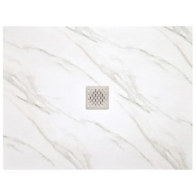 Piatto doccia in pietra sintetica con sifone slim e griglia in acciaio inox, Resing, 180 x 80 cm, spessore 3 cm, Calacatta Bianco
