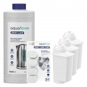Kit di manutenzione per macchine da caffè, Aquafloow, compatibile con Krups, 3 filtri per l'acqua, liquido decalcificante da 1000 ml, 4 pastiglie decalcificanti