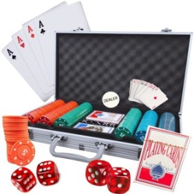 GALAXIA® Set da poker completo con 300 fiches, 2 mazzi di carte, scatola e 5 dadi rossi, elegante custodia per chiavi