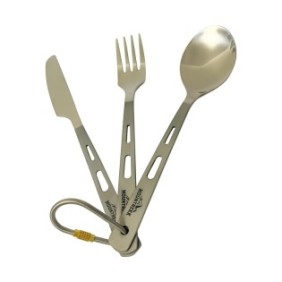 Set posate con moschettone (cucchiaio, forchetta, coltello) in titanio, 46gr, 185mm