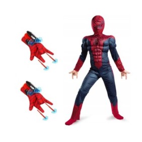 Set costume Spiderman KidMania® con muscoli e due guanti lanciatore con ventose per bambini, 5-7 anni, 110 - 120 cm
