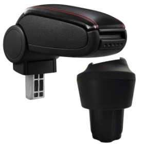 Bracciolo per VW Up! (08.2011 - ), marca aVr, nera, pelle ecologica con cuciture rosse