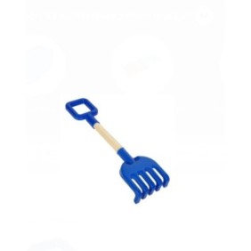 Rastrello in plastica per giocattoli da spiaggia, blu, manico in legno, 39 cm