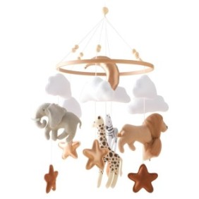 Giostra per lettino mobile con tema animali Safari, Arelair Magic Box, tessuto/legno, multicolore, accessori con nuvole, luna e stelle