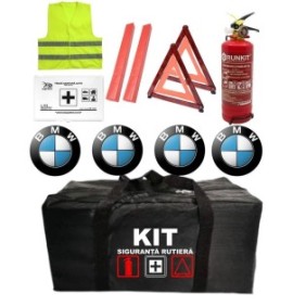 Kit sicurezza stradale auto omologato RAR, estintore con manometro 1kg P1, kit medico, 2 triangoli rifrangenti, 4 adesivi BMW autoadesivi