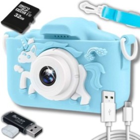Fotocamera Digitale per Bambini, ZeeTech, Unicorno, 3 Mpx, Scheda MicroSD da 32 GB, Giochi, 1080p, Schermo da 2", Blu