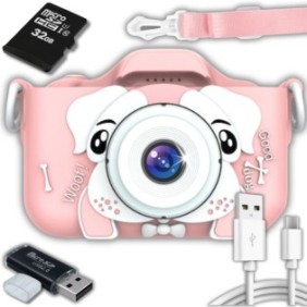 Fotocamera digitale per bambini, ZeeTech, Doggie, 3 Mpx, Scheda MicroSD da 32 GB, Giochi, 1080p, Schermo da 2", Rosa
