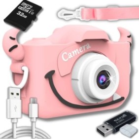 ZeeTech Monster Fotocamera digitale per bambini, 3 MP, scheda MicroSD da 32 GB, giochi, 1080p, schermo da 2", rosa