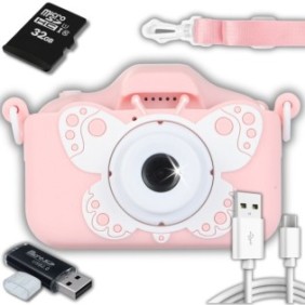 Fotocamera digitale per bambini, ZeeTech, Butterfly, 3 Mpx, Scheda MicroSD da 32 GB, Giochi, 1080p, Schermo da 2", Rosa