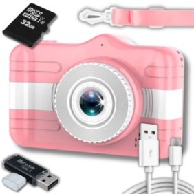 Fotocamera digitale per bambini, ZeeTech, 20 Mpx, Scheda MicroSD da 32 GB, Giochi, 1080p, Schermo da 2", Rosa