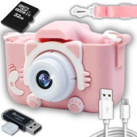 Fotocamera digitale per bambini, ZeeTech, Cat, 40 Mpx, Scheda MicroSD da 32 GB, Giochi, 1080p, Schermo da 2", Rosa