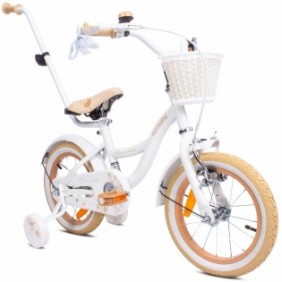 Sun Baby Flower Bicicletta per bambina, 14 pollici, Beige, con cestino e ruote ausiliarie