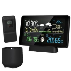 Stazione meteorologica con orologio, schermo a colori da 5 pollici, monitoraggio della temperatura e dell'umidità interna/esterna, nera