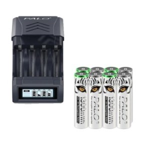 Set caricabatterie con 4 slot e 8 batterie, AAA Li-ion, capacità 1300 mWh, display LCD, multicolore