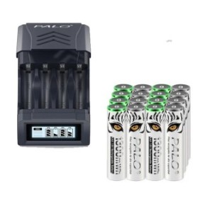 Set caricabatterie con 4 slot e 16 batterie AAA Li-ion, 1300mWh, schermo LCD, 1200 cicli di ricarica, micro USB